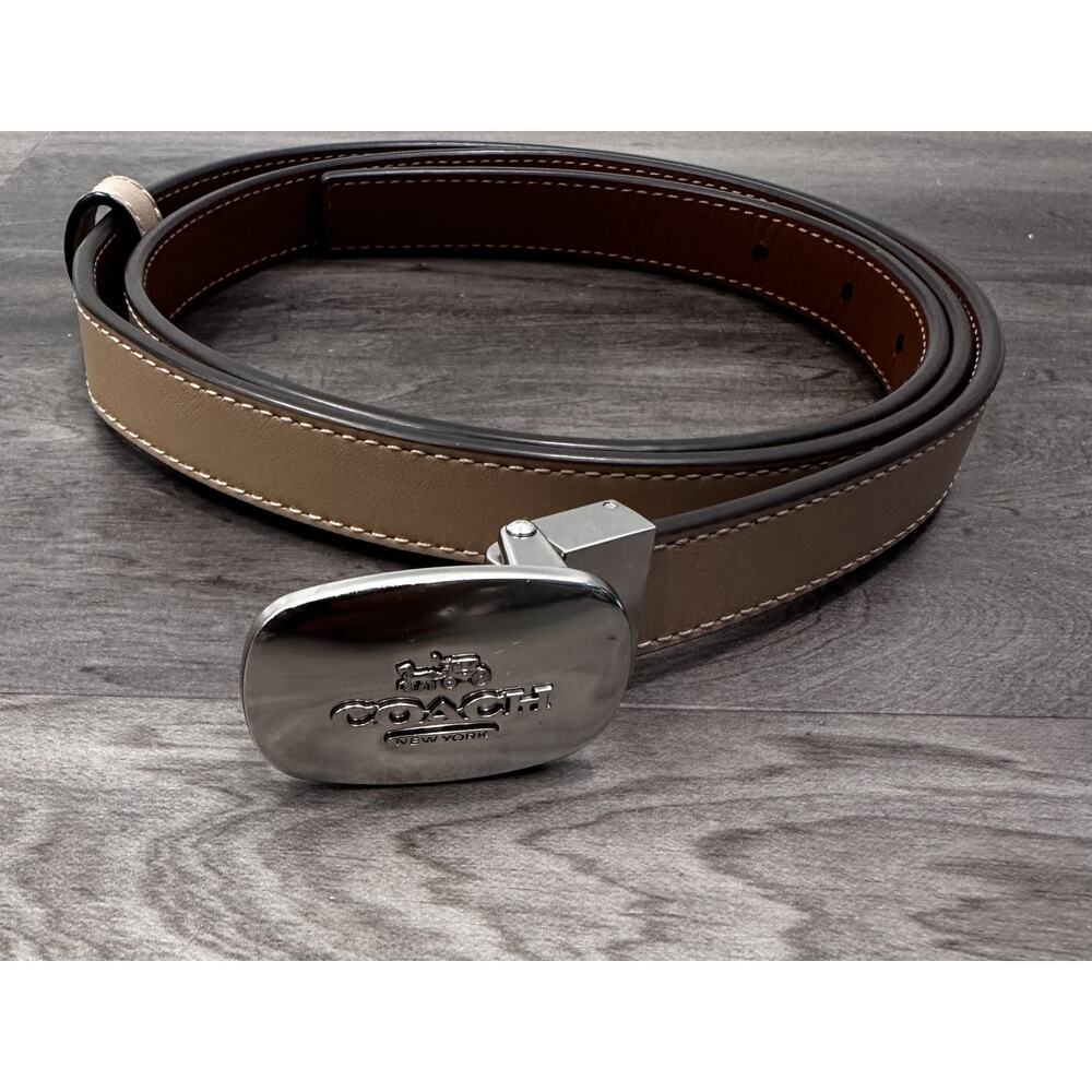 Coach Eliza Leather Reversible Beige Tan Belt Silver Logo Buckle Womens size XL